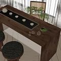 Natural Wooden Tea Table and Chairs with Tea Tray Teapot Cups Green Plant Pine Cones