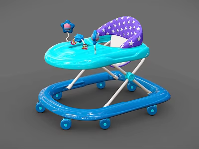 Blue Baby Walker With Purple Star Patterned Seat Tray Toys And Wheels 3d model