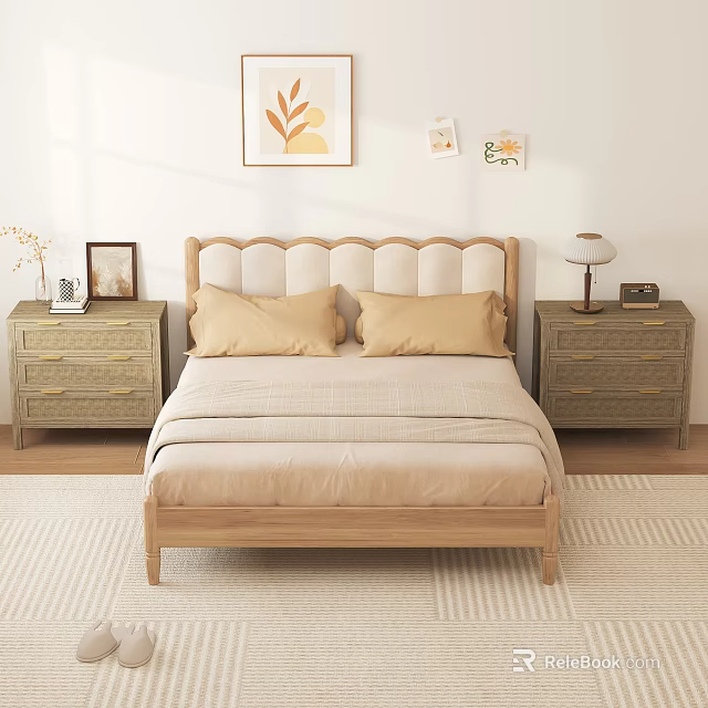 Cozy Wooden Bedroom Interior With Scalloped Headboard Beige Bedding Nightstands Wall Art And Area Rug 3d model 