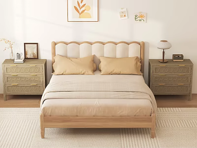 Cozy Wooden Bedroom Interior With Scalloped Headboard Beige Bedding Nightstands Wall Art And Area Rug 3d model