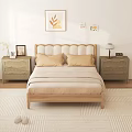 Cozy Wooden Bedroom Interior With Scalloped Headboard Beige Bedding Nightstands Wall Art And Area Rug