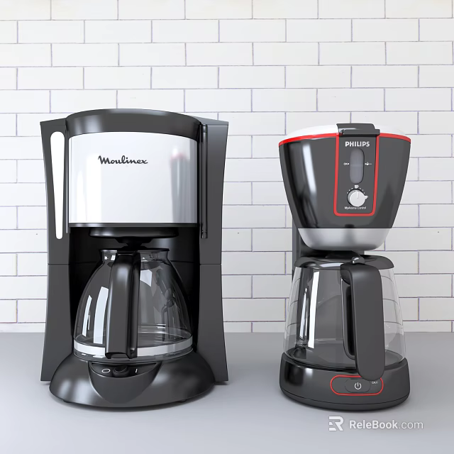 Moulinex and Philips Coffee Makers in Modern Kitchen with White Brick Wall 3d model 