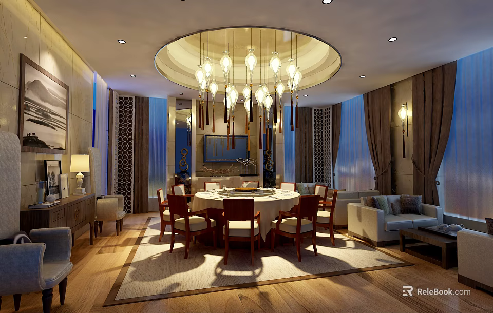 Luxurious Private Room Interior With Circular Chandelier Round Dining Table Wooden Chairs And Sofa 3d model 