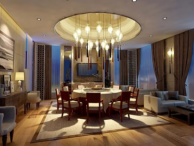 Luxurious Private Room Interior With Circular Chandelier Round Dining Table Wooden Chairs And Sofa 3d model