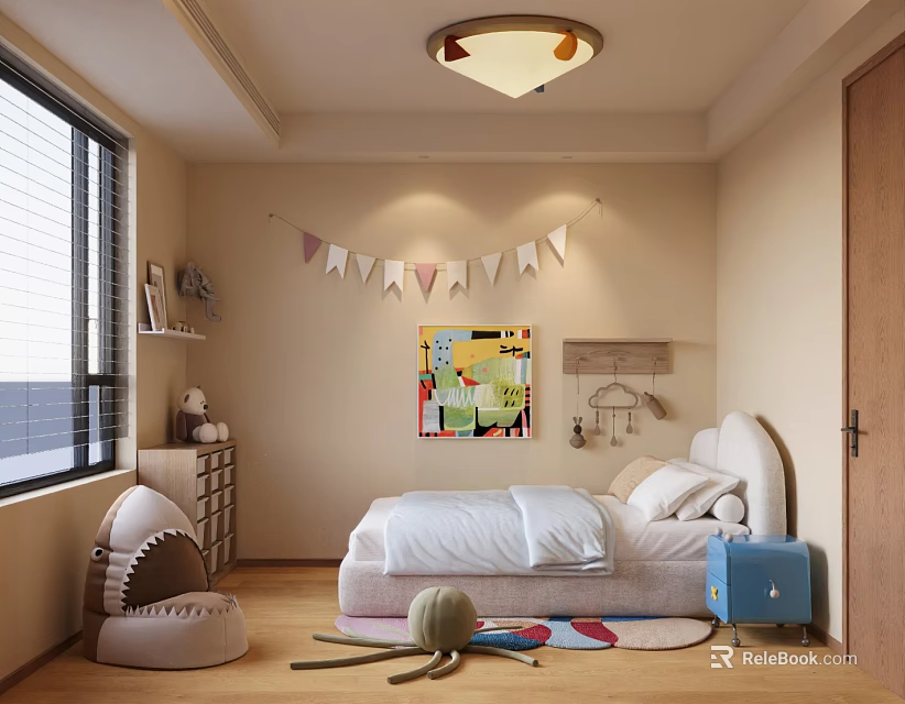 Kids Room Interior With Shark Shaped Chair White Bed Colorful Bunting And Abstract Painting 3d model 