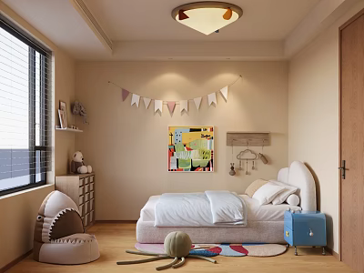 Kids Room Interior With Shark Shaped Chair White Bed Colorful Bunting And Abstract Painting 3d model