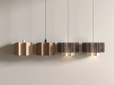 Modern Wooden Pendant Lights With Striped Design Hanging In Row On Light Wall 3d model