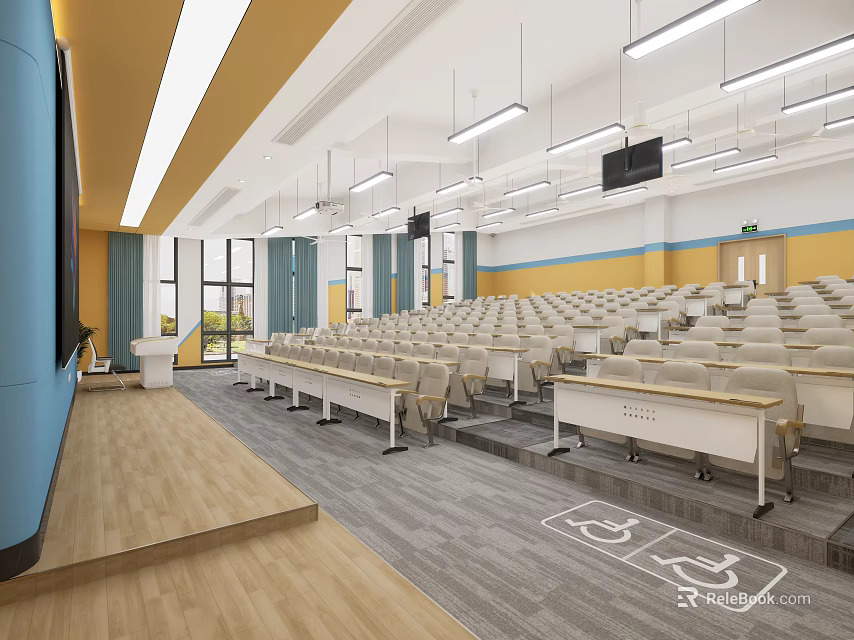 School Lecture Hall Featuring Stepped Seating Neat Desks Large Windows And Accessible Pathway 3d model