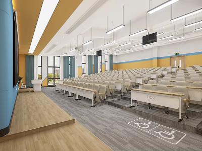 School Lecture Hall Featuring Stepped Seating Neat Desks Large Windows And Accessible Pathway 3d model