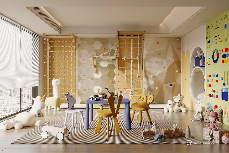 Colorful Kids Playroom With Climbing Walls And Toys 3d model 