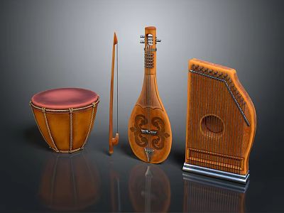 Traditional Wooden Musical Instruments With Carved Design And Red Drum Head On Black Background 3d model