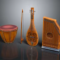Traditional Wooden Musical Instruments With Carved Design And Red Drum Head On Black Background