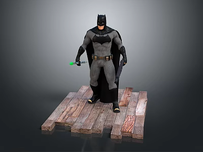 Batman in Gray and Black Suit with Cape Standing on Wooden Platform Holding Green Gadget 3d model