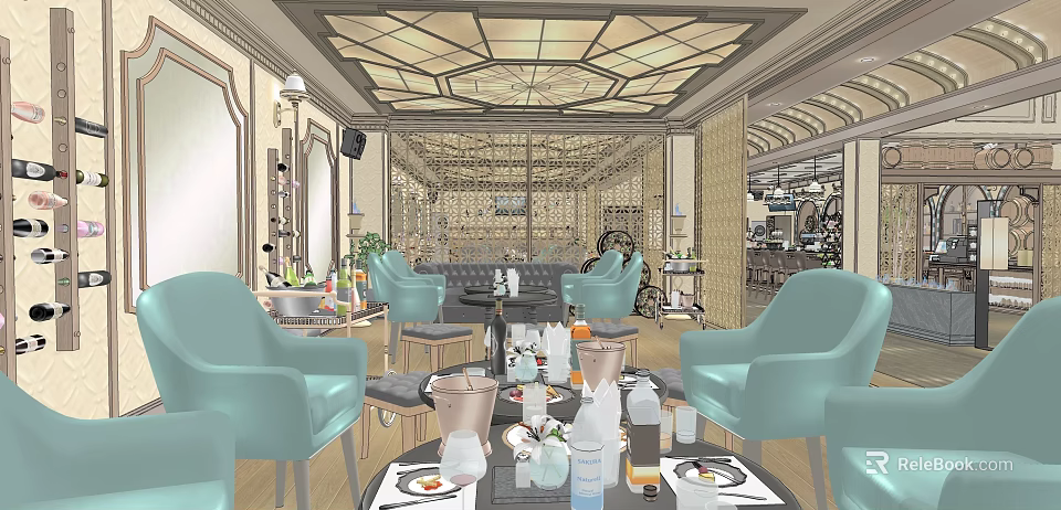Luxury Club Interior With Elegant Sofas Crystal Chandeliers And Dining Tables 3d model 