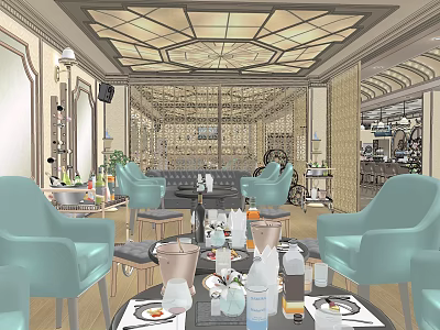 Luxury Club Interior With Elegant Sofas Crystal Chandeliers And Dining Tables 3d model