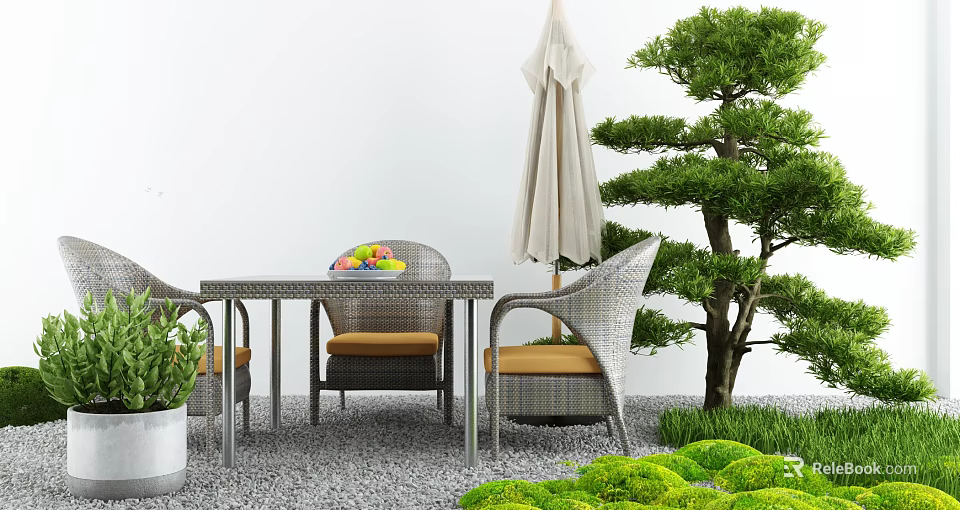 Stylish Outdoor Table Set With Wicker Chairs Umbrella And Green Plants 3d model 