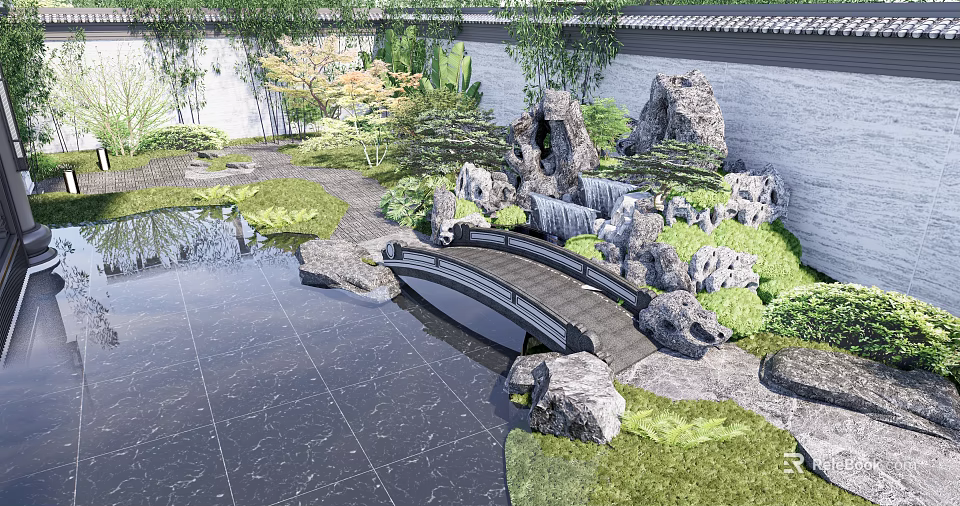 Serene Courtyard Garden With Pond Stone Bridge Rock Formations Lush Greenery And Stone Pathway 3d model 