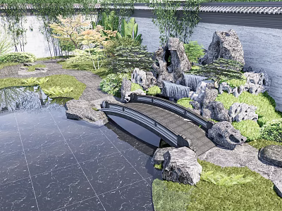 Serene Courtyard Garden With Pond Stone Bridge Rock Formations Lush Greenery And Stone Pathway 3d model