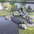 Serene Courtyard Garden With Pond Stone Bridge Rock Formations Lush Greenery And Stone Pathway