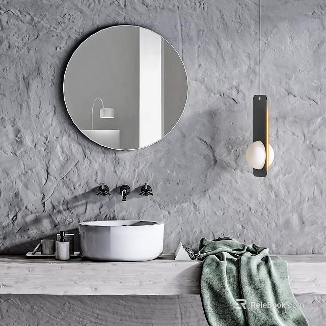White Vessel Sink Bathroom With Round Mirror Gray Textured Wall Hanging Light Green Towel 3d model 