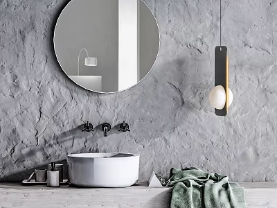 White Vessel Sink Bathroom With Round Mirror Gray Textured Wall Hanging Light Green Towel 3d model