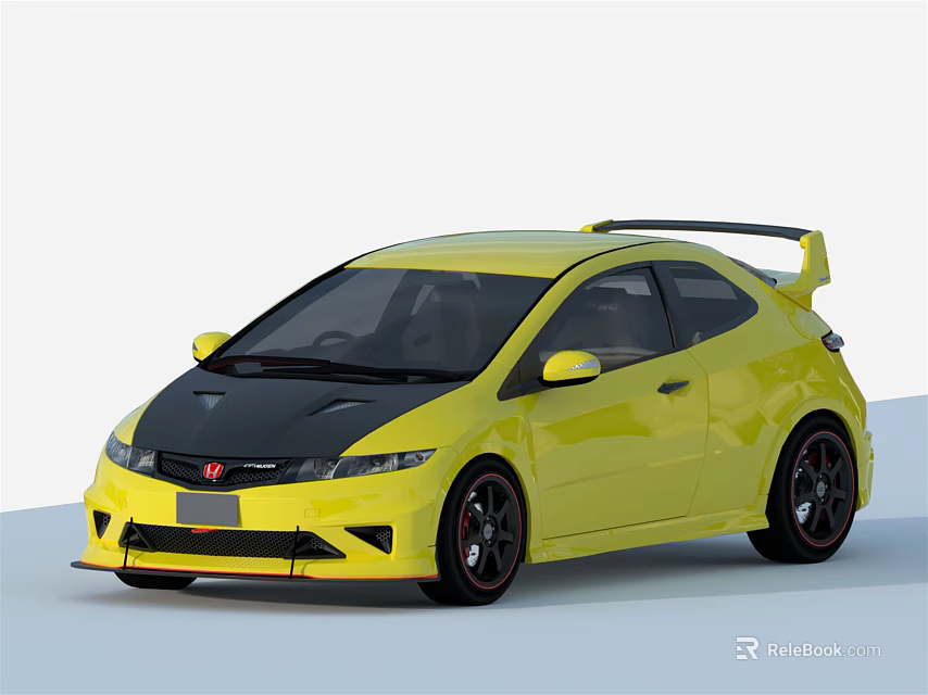Yellow Honda Sports Car With Black Roof Rear Spoiler And Black Wheels 3d model 
