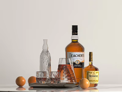 Wine Bottles And Glasses With Crystal Decanter Tray And Oranges 3d model