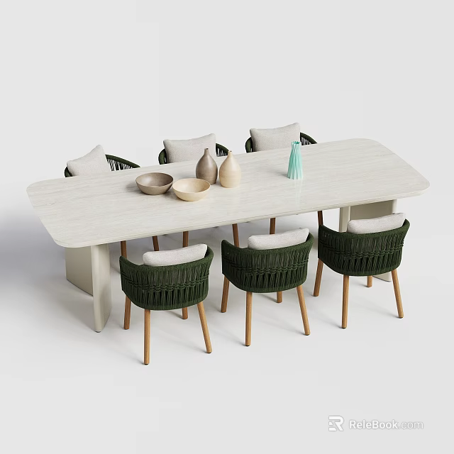 Modern Table and Chair Set With Green Woven Seats Light Wood Tabletop and Decorative Bowls 3d model 