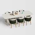 Modern Table and Chair Set With Green Woven Seats Light Wood Tabletop and Decorative Bowls