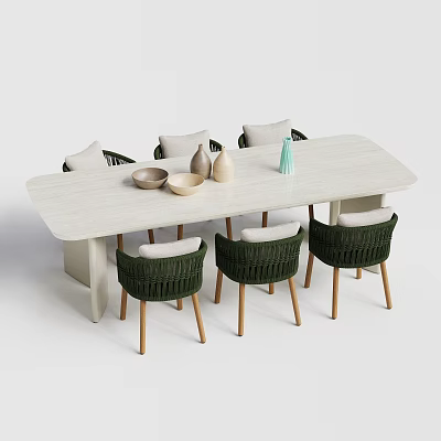 Modern Table and Chair Set With Green Woven Seats Light Wood Tabletop and Decorative Bowls 3d model
