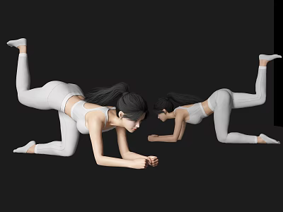 Two Women Practicing Single Leg Yoga Stretches In White Activewear On Black Background 3d model
