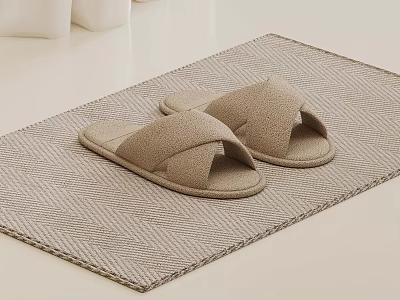 Beige Woven Mat With Cozy Cross Strap Slippers On Light Floor 3d model