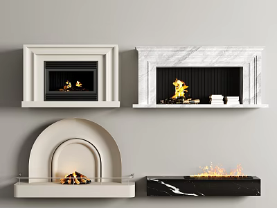 Modern Interior Fireplaces Design With Marble White Arched Black Different Shapes And Burning Flames 3d model