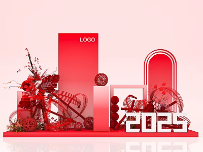 Red Floral Installation with 2025 Numbers Arch Pillar and Festive Ornaments 3d model