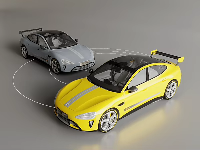 Two Sports Cars With Gray And Yellow Sleek Aerodynamic Body And Rear Spoiler 3d model
