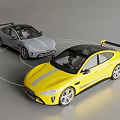 Two Sports Cars With Gray And Yellow Sleek Aerodynamic Body And Rear Spoiler