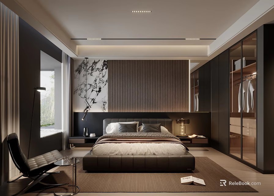 Modern Dark Tone Bedroom Interior With Large Bed Closet Floor Lamp Dark Furniture And Rug 3d model 