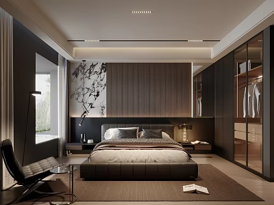 Modern Dark Tone Bedroom Interior With Large Bed Closet Floor Lamp Dark Furniture And Rug 3d model