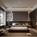 Modern Dark Tone Bedroom Interior With Large Bed Closet Floor Lamp Dark Furniture And Rug