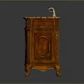 Traditional Wooden Bathroom Vanity With Marble Countertop And Carved Brass Fixtures