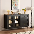 Modern Black Entryway Console Cabinet with Golden Handles Doors Drawers Table Lamp Sunflowers Teddy Bear
