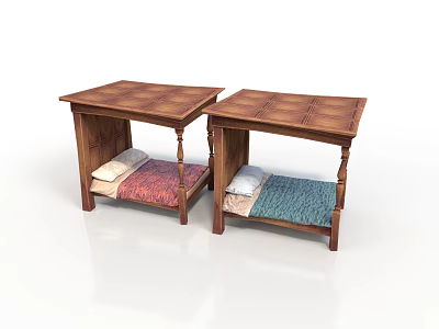 Wooden Nightstands With Checkered Tabletop And Lower Storage Shelf Holding Colorful Blankets 3d model