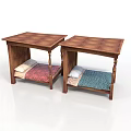 Wooden Nightstands With Checkered Tabletop And Lower Storage Shelf Holding Colorful Blankets