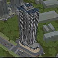 Modern High Rise Residential Building With Surrounding Greenery Nearby Road And Adjacent Buildings