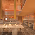 Modern Restaurant Interior With Orange Striped Decor And Open Seating Area 3d model