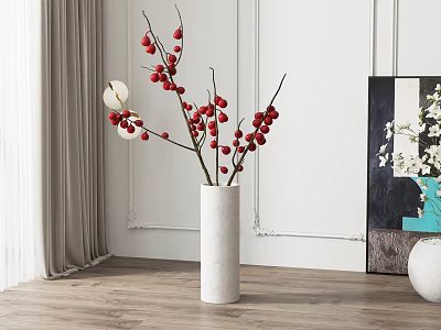 White Ceramic Vase With Red Berries Branches And White Decorative Balls For Interior Decor 3d model