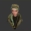 3D Female Character Bust With Orange Braided Hair Dark Turtleneck Buttoned Coat And Necklace