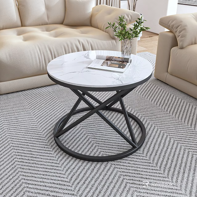 Modern Round Coffee Table With Marble Top And Black X Frame 3d model