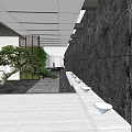 Modern Building Exterior Wall With Metal Panel Black Awning Stone Accent And Green Plant