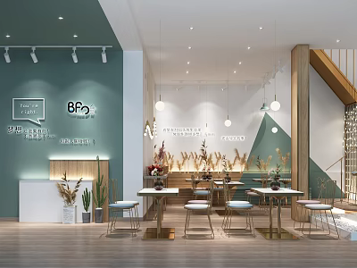 Bubble Tea Shop Interior With Green And White Walls Tables Chairs And Staircase 3d model